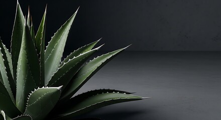 Fototapeta premium Close-up of a vibrant green aloe vera plant against a dark background, showcasing its sharp leaves.