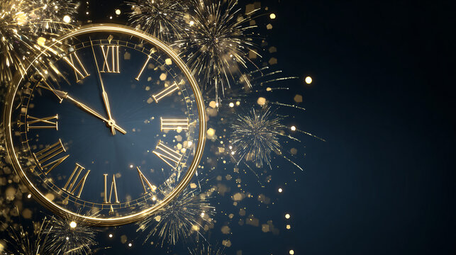 Elegant Clock Surrounded by Sparkling Fireworks at Midnight Celebration