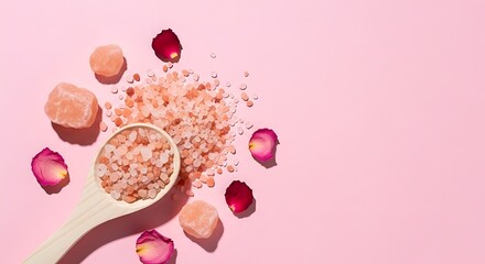 Pink Himalayan salt with rose petals and stones on a pink background.