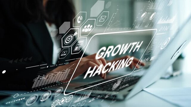 Business Professional Engaging in Growth Hacking Strategies with Innovative Technology and Graphical Elements on Laptop Screen. Asymptotic smart data analytic.