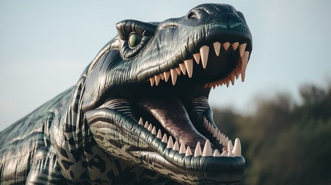 Close-Up of Roaring Dinosaur Statue with Sharp Teeth