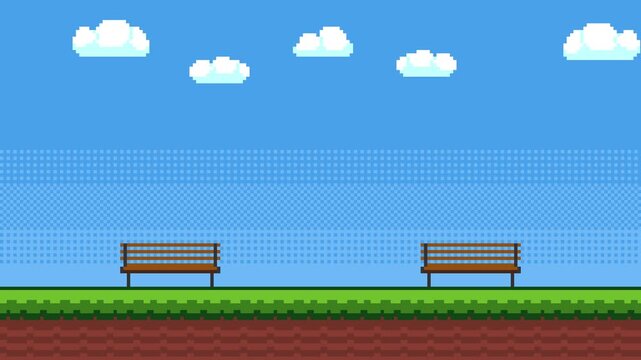 8-bit pixel art benhcs on the 2d platformer game style background. blue sky, clouds and green grass with bushes. looped animation 4k 30fps