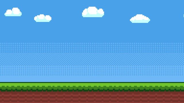 8-bit pixel art 2d platformer game style background. blue sky, clouds and green grass with bushes. looped animation 4k 30fps