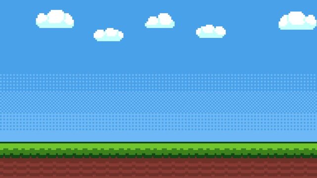 8-bit pixel art 2d platformer game style background. blue sky, clouds and green grass with bushes. looped animation 4k 30fps