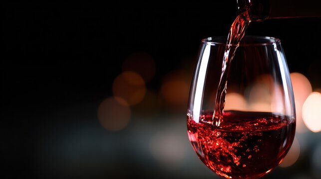 Red wine flowing into a crystal goblet with graceful swirling motion against a deep dark background, highlighting refined beverage elegance. bar promotions, beverage menus