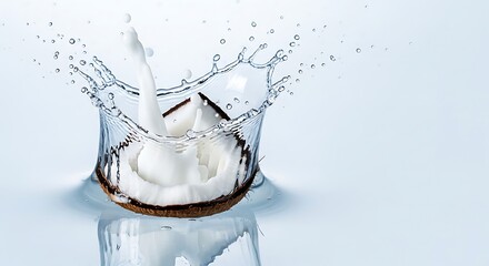 Coconut Milk Splash - Refreshing Beverage Pouring into a Glass with Water Droplets.