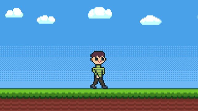 8-bit pixel art walking man 2d platformer game style background. blue sky, clouds and green grass with bushes. looped animation 4k 30fps