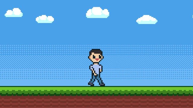 8-bit pixel art walking man 2d platformer game style background. blue sky, clouds and green grass with bushes. looped animation 4k 30fps