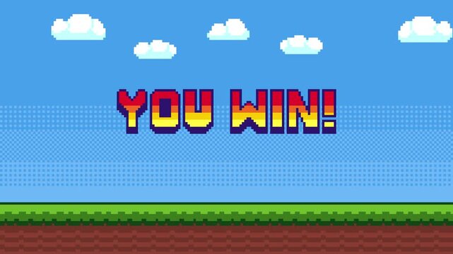 8-bit pixel art you win text on the 2d platformer game style background. blue sky, clouds and green grass with bushes. looped animation 4k 30fps