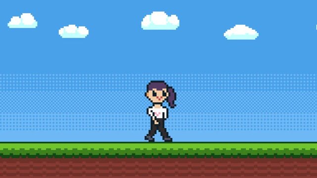 8-bit pixel art walking woman 2d platformer game style background. blue sky, clouds and green grass with bushes. looped animation 4k 30fps
