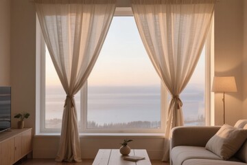 Fototapeta premium Cozy living room with large window overlooking ocean at sunset