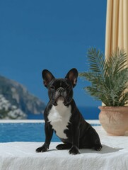 Obraz premium French bulldog sitting by infinity pool with ocean and mountain view, luxury vacation resort lifestyle