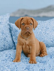Cute brown puppy sitting on blue patterned sofa indoors &ndash; pet portrait for advertising, social media and website banner
