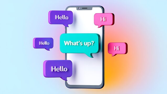 Smartphone with various greeting speech bubbles on colorful background