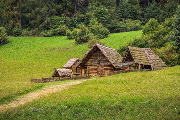 Obraz premium Important archaeological site in northern Slovakia, reconstruction of prehistoric Celtic hill fort and farmstead from upper Iron Age