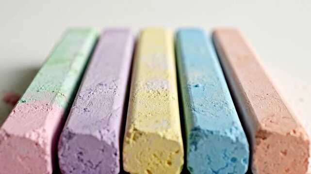 Colorful chalk sticks lined up with scattered dust on a light background
