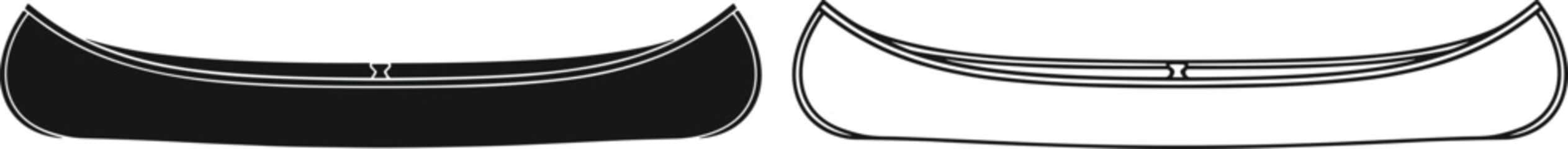 Set of Black Silhouette and Detailed Line Art Vector Illustrations of a Canoe Boat for Water Sports Outdoor Adventure Travel and Nautical Designs © Masuda