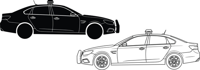 Set of Black Silhouette and Detailed Line Art Vector Illustrations of a Police Patrol Car for Emergency Service Law Enforcement and Automotive Designs © Masuda