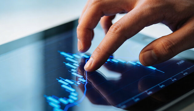 Person's finger analyzes financial chart on tablet screen, upward trending graph