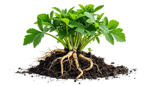 Fresh ginseng plant with roots and green leaves isolated on transparent background for herbal medicine and healthy lifestyle design