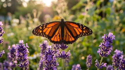 Obraz premium Monarch Butterfly on Purple Lavender Flowers in Golden Sunlight