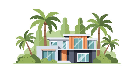 A modern minimalist house is framed by lush tropical foliage creating a striking visual contrast a beautiful silhouette high quality © mrvect02