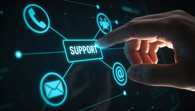 Online support network with icons representing different ways to get assistance business technology and customer service interaction
