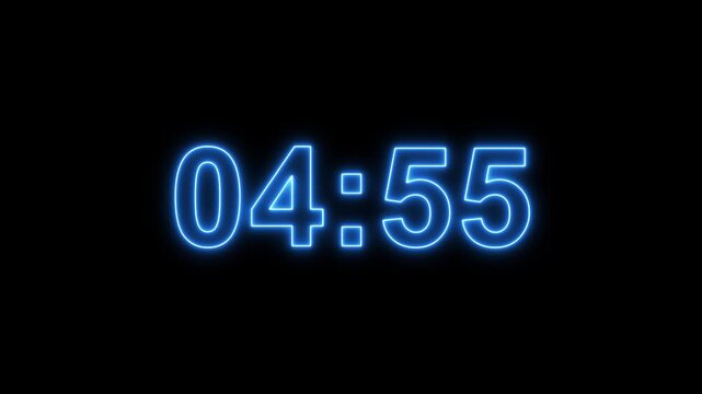 Glowing neon 5 minute Countdown. neon 5 to 4 minute Countdown timer on black background. neon Countdown timer from 5 minute to 4 minute suitable for presentations, educational. animation. 4k video
