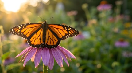 Obraz premium Monarch Butterfly on Purple Coneflower at Golden Hour
