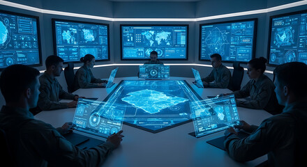 Obraz premium Modern Tactical Briefing Room with Holographic Data. Strategic Planning Session in a Futuristic Command Center