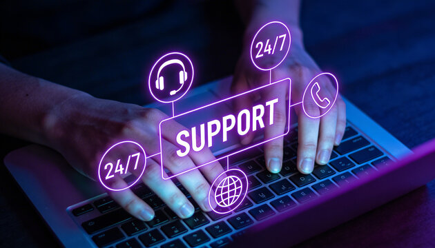 Hands typing on laptop keyboard with glowing neon support icons, representing customer service and assistance, technology concept