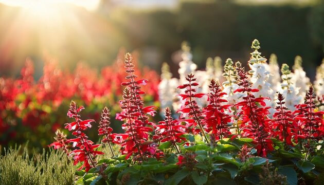 Red And White Flowers Of Salvia Hot Lips Salvia Microphylla Growing In The Spring Sunshine