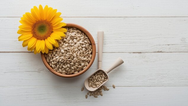 Flat lay of sunflower seeds and a vibrant flower on a white wooden surface
