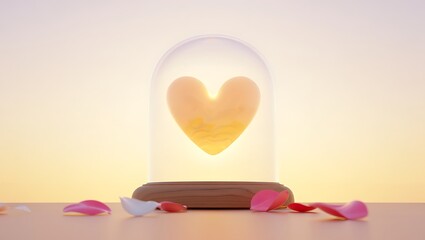 Fototapeta premium A glass dome with a heart shape and scattered rose petals on a surface