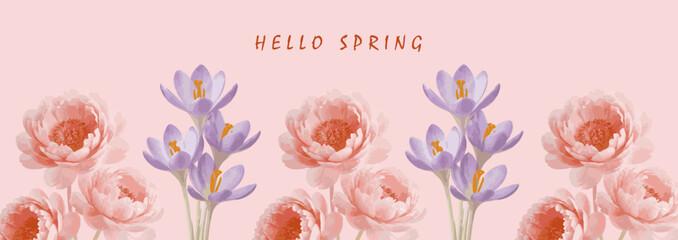 Hand drawn spring flower banner with tulip and daffodil charcoal illustration artistic horizontal floral vector template for holiday greetings and feminine branding © Nahlnarendra