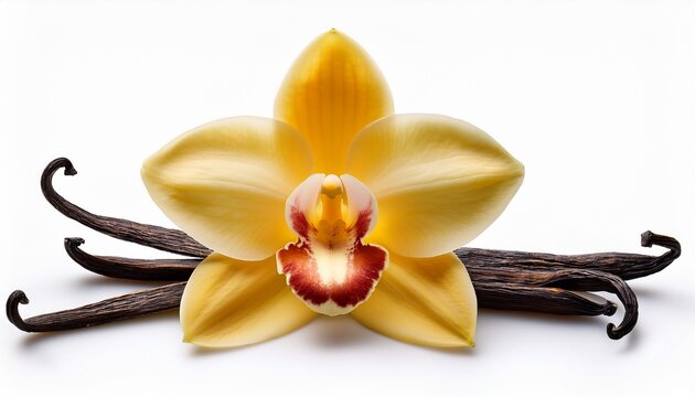 Beautiful Vanilla Orchid And Beans Isolated Against A White Background For Culinary And Floral Uses