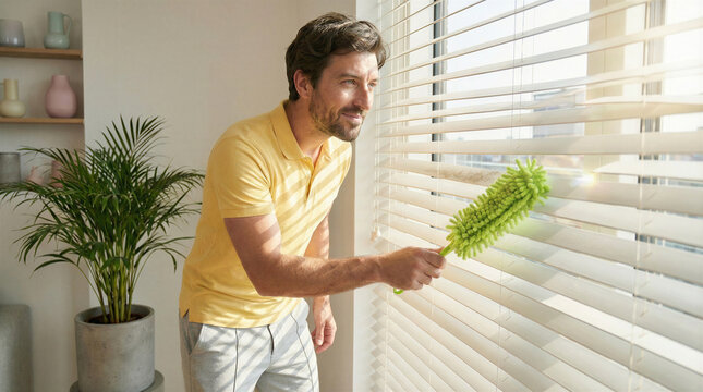 Man cleaning window blinds with feather duster in modern home  