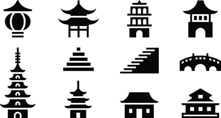 Naklejka premium Chinese architecture icon set, pagoda temples, lantern, bridge, oriental buildings, Asian landmark silhouettes, China travel vector symbols collection