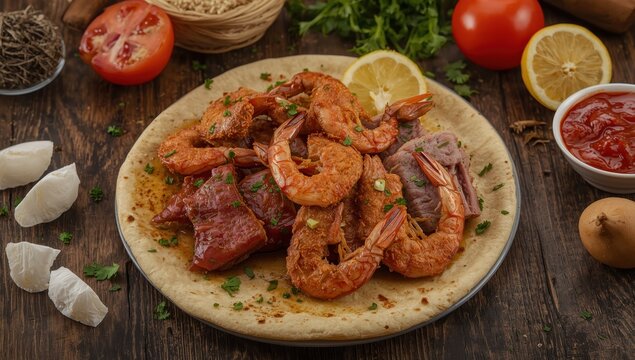Fried shrimp, beef brain, and liver served in wheat bran flatbread with parsley, known as Aish Baladi