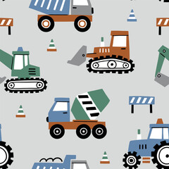 Seamless vector pattern cute construction trucks. Hand drawn design for baby boys with tiny cars. Perfect for textile, wallpaper or nursery print design.