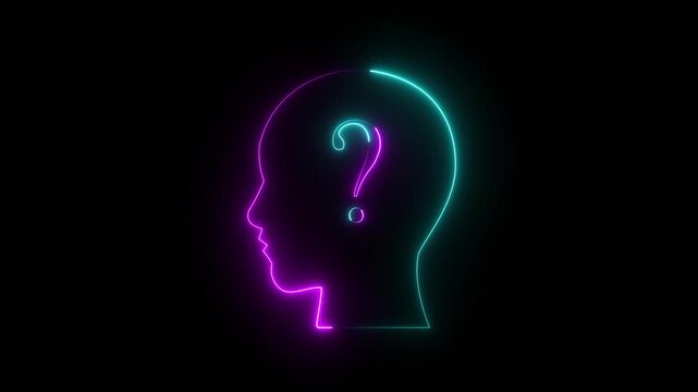 Glowing neon line Human head with question mark icon isolated on black background. motion graphic of concept. animation 4K Video