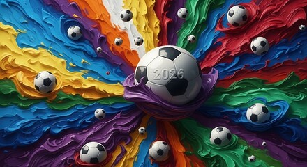 Fototapeta premium A colorful illustration of soccer balls surrounded by vibrant swirling paint 2026 soccer world championship