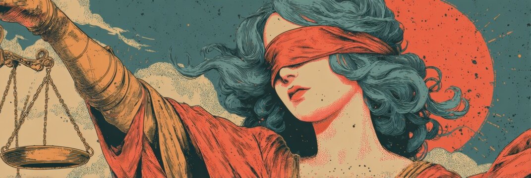 Lady Justice Blindfolded with Scales and Sun Background Illustration