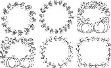 Fototapeta premium Hand Drawn Autumn Wreaths and Frames with Pumpkins and Leaves