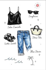 ファッション　スケッチ　Parisian summer outfit