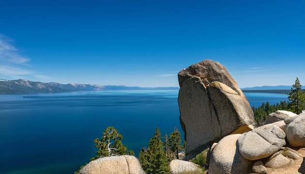 Stone Outcrop Juts Over Deep Blue Lake Tahoe Waters From Rubicon Trail Overlook August 1 2020
