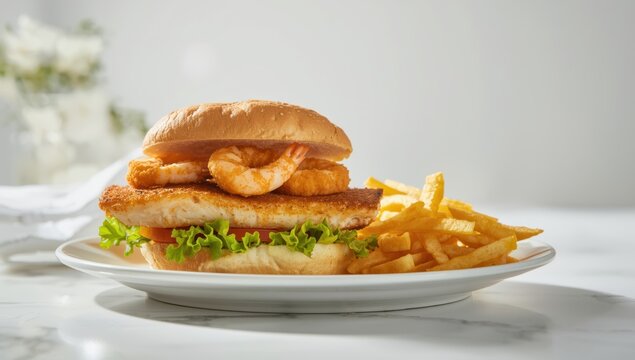 Haddock sandwich with breaded shrimp and fries