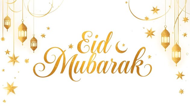 Elegant golden eid mubarak greeting with hanging lanterns and stars on white background