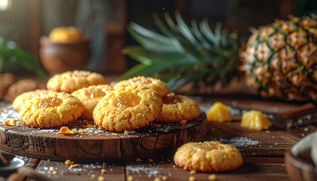 Round Nastar cookies, have a crispy texture and the center is filled with pineapple jam on a wooden base. Gives a natural and appetizing impression, suitable for typical Ramadan snacks.