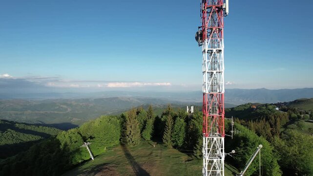 Telecommunication tower 5G, Wireless GSM Antenna connection system of communication systems in countryside at high mountain altitude